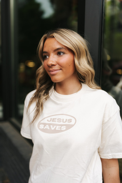 "Jesus Saves" Beige Tee